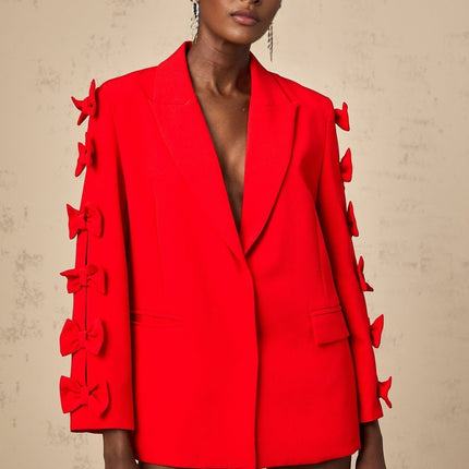 Malina Red Bow Embellished Cut-Out Blazer with Peak Lapels and Flap Pockets