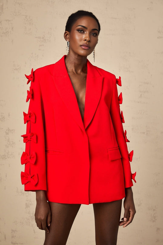 Malina Red Bow Embellished Cut-Out Blazer with Peak Lapels and Flap Pockets