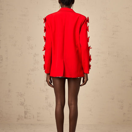 Malina Red Bow Embellished Cut-Out Blazer with Peak Lapels and Front Flap Pockets