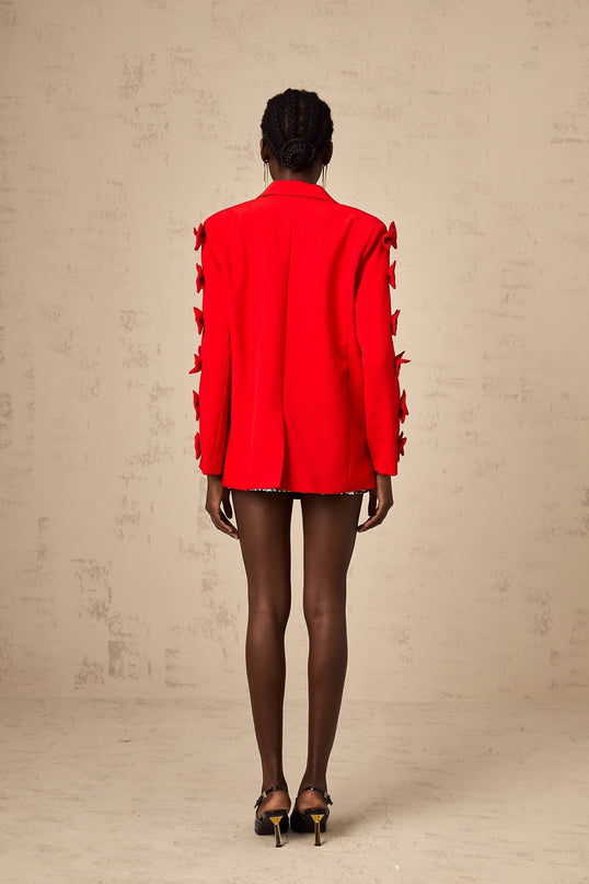 Malina Red Bow Embellished Cut-Out Blazer with Peak Lapels and Front Flap Pockets