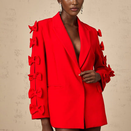 Malina Red Bow Embellished Cut-Out Blazer with Peak Lapels