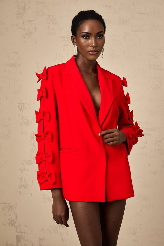Malina Red Bow Embellished Cut-Out Blazer with Peak Lapels