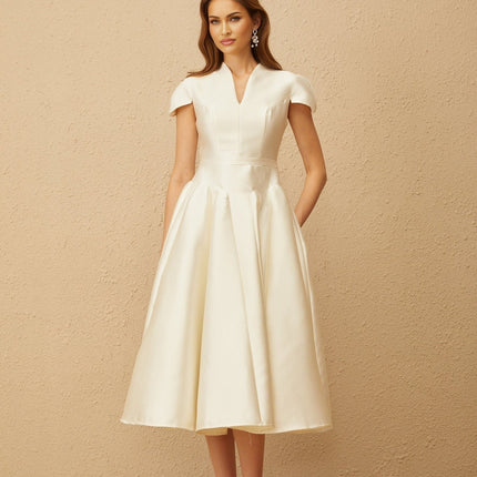 Malina White Midi Dress V-Neck Cap Sleeves Fitted Waistline Godet Design Rear Zip Fastening