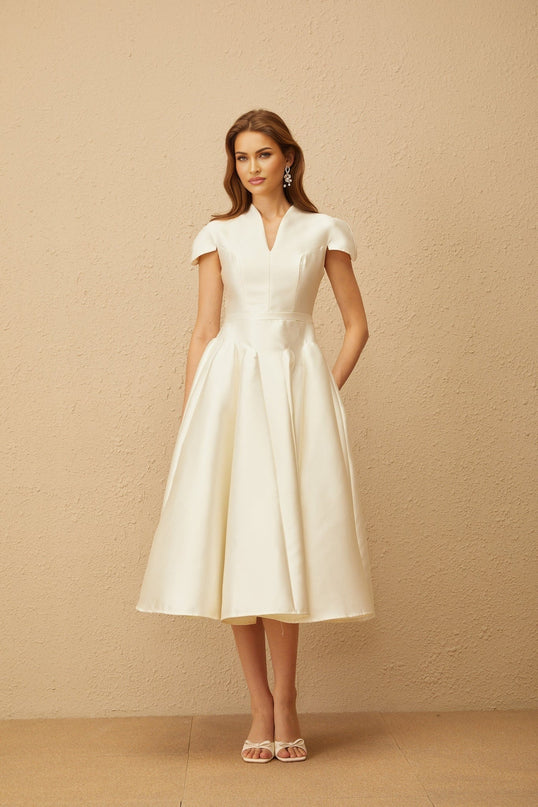 Malina White Midi Dress V-Neck Cap Sleeves Fitted Waistline Godet Design Rear Zip Fastening