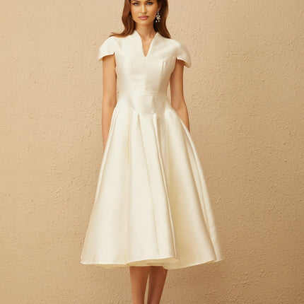 Malina White Midi Dress V-neck Cap Sleeves Fitted Waistline Godet Design Rear Zip Fastening Sophisticated 100% Terylene Fiber