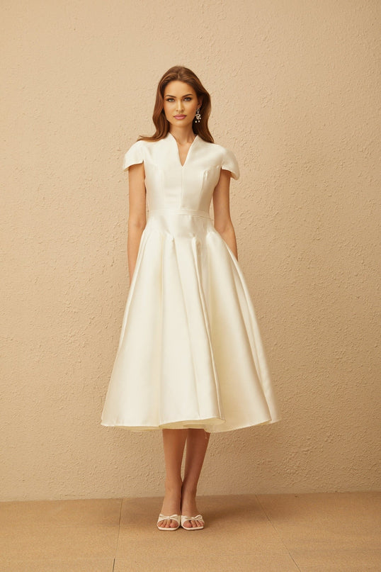 Malina White Midi Dress V-neck Cap Sleeves Fitted Waistline Godet Design Rear Zip Fastening Sophisticated 100% Terylene Fiber