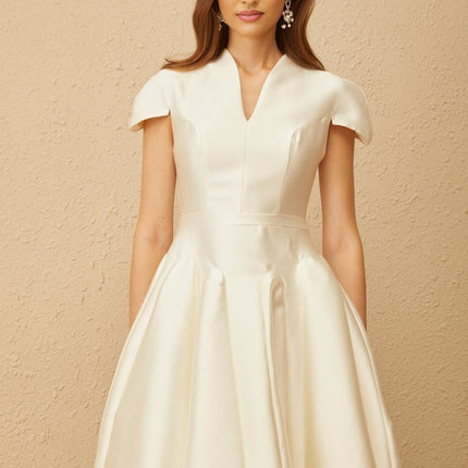 Malina White Midi Dress V-neck Cap Sleeves Fitted Waistline Godet Design Rear Zip Fastening Sophisticated Midi Length Terylene Fiber