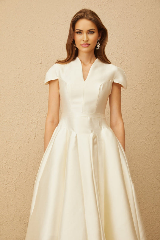 Malina White Midi Dress V-neck Cap Sleeves Fitted Waistline Godet Design Rear Zip Fastening Sophisticated Midi Length Terylene Fiber