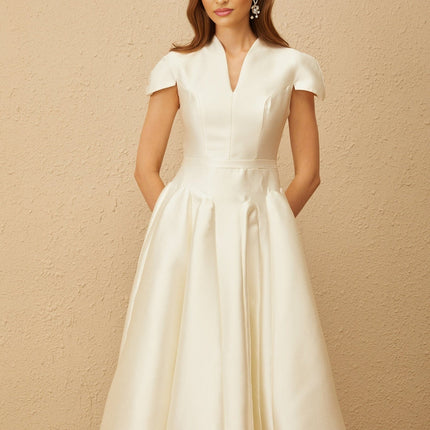 Malina White Midi Dress V-neck Cap Sleeves Fitted Waistline Godet Design Rear Zip Fastening Terylene Fiber