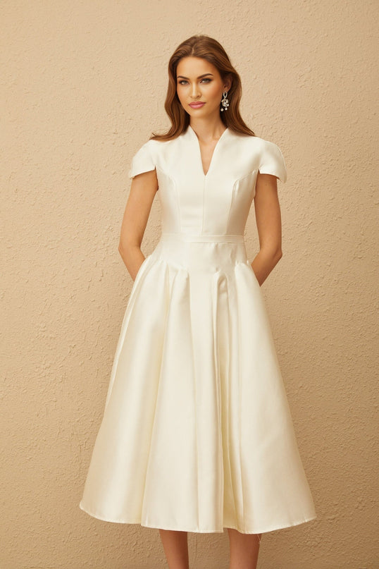 Malina White Midi Dress V-neck Cap Sleeves Fitted Waistline Godet Design Rear Zip Fastening Terylene Fiber