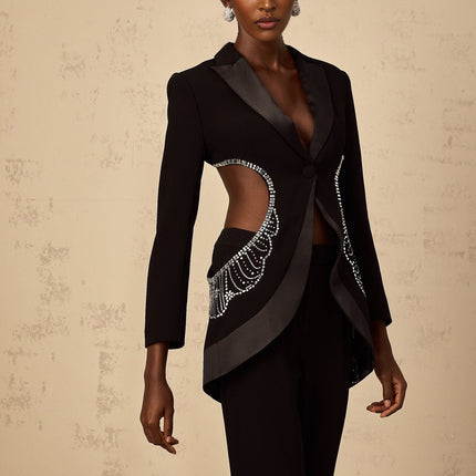 Mallory Black Blazer Trousers Set Crystal Embellishments Wide-Leg Trousers 100% Terylene Fiber