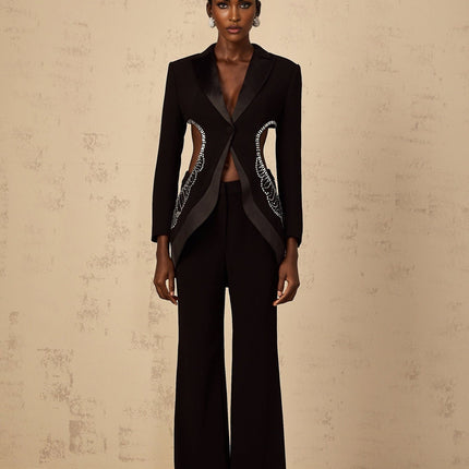 Mallory Black Blazer Trousers Set Crystal Embellishments