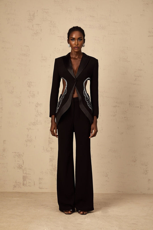Mallory Black Blazer Trousers Set Crystal Embellishments