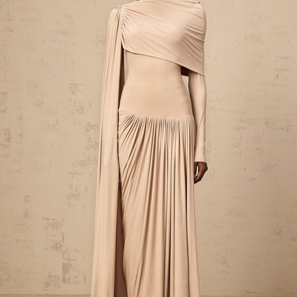 Mallory Maxi Dress With Cape And Ribbon Design in Neutrals