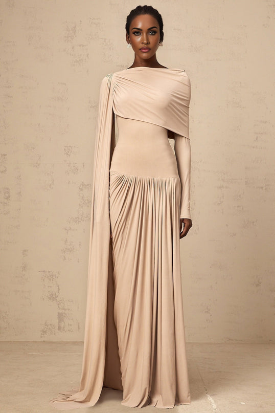 Mallory Maxi Dress With Cape And Ribbon Design in Neutrals
