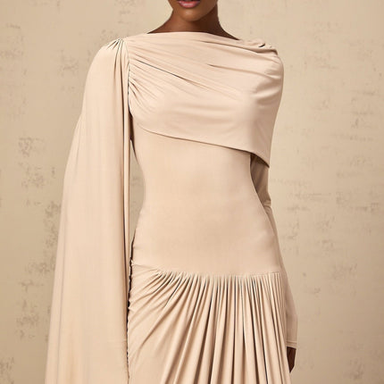 Mallory Maxi Dress With Cape And Ribbon Design in Neutrals color