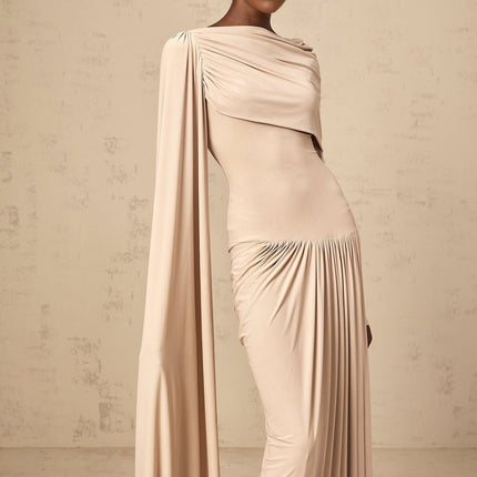 Mallory Maxi Dress With Cape And Ribbon Design in Neutrals