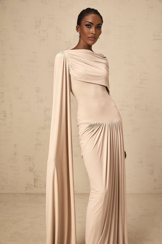 Mallory Maxi Dress With Cape And Ribbon Design in Neutrals