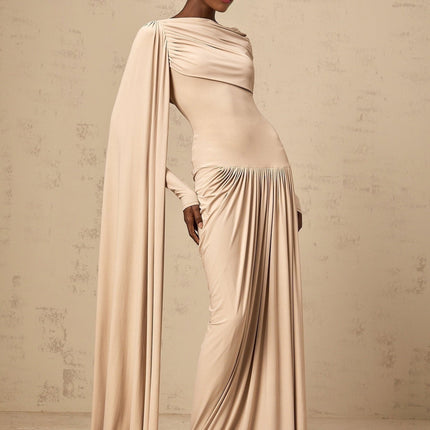 Mallory Maxi Dress With Cape And Ribbon Design in Neutrals