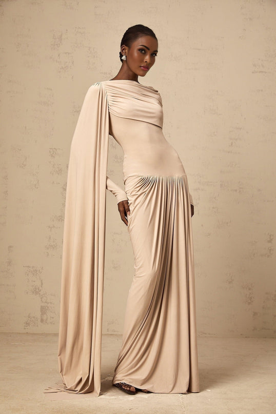 Mallory Maxi Dress With Cape And Ribbon Design in Neutrals