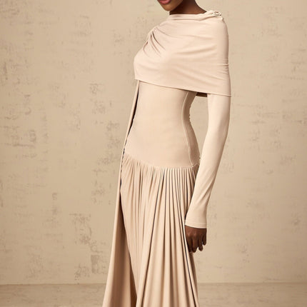 Mallory Maxi Dress With Cape And Ribbon Design in Neutrals color