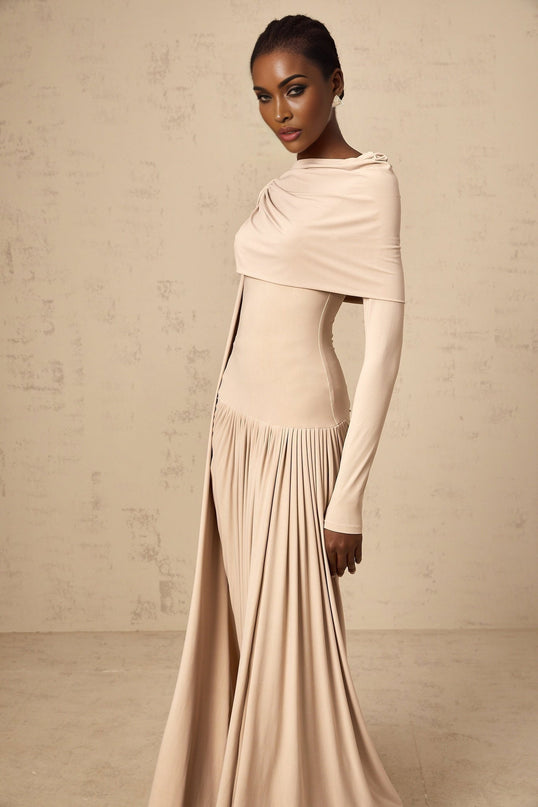 Mallory Maxi Dress With Cape And Ribbon Design in Neutrals color