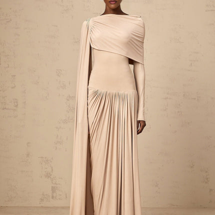Mallory Maxi Dress With Cape And Ribbon Design in Neutrals