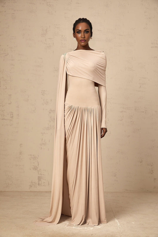 Mallory Maxi Dress With Cape And Ribbon Design in Neutrals