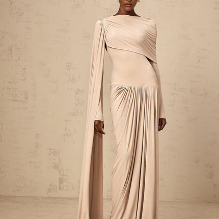 Mallory Maxi Dress With Cape And Ribbon Design in Neutrals