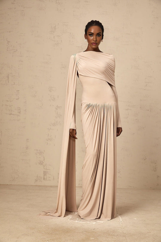 Mallory Maxi Dress With Cape And Ribbon Design in Neutrals