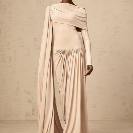 Mallory Maxi Dress With Cape And Ribbon Design in Neutrals color