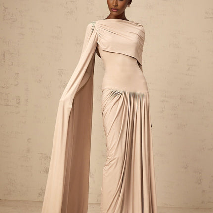 Mallory Maxi Dress With Cape And Ribbon Design in Neutrals