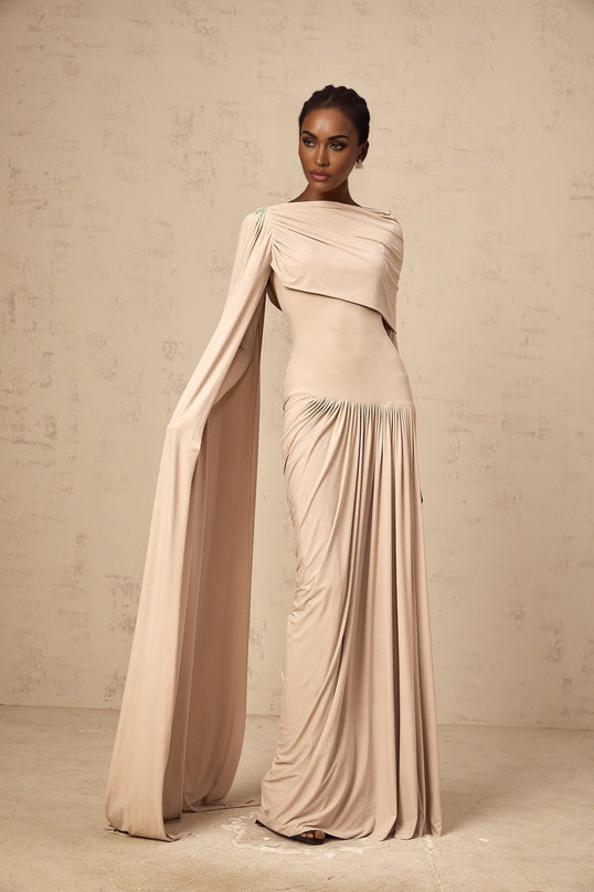 Mallory Maxi Dress With Cape And Ribbon Design in Neutrals