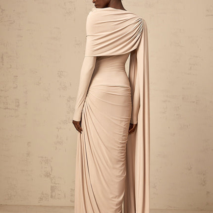 Mallory Maxi Dress With Cape And Ribbon Design in Neutrals