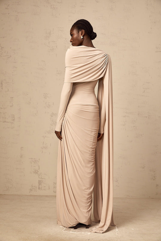 Mallory Maxi Dress With Cape And Ribbon Design in Neutrals