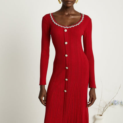 Mallory Red Crystal Embellished Midi Dress with Scoop Neck and Long Sleeves