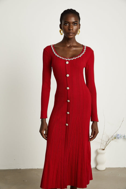 Mallory Red Crystal Embellished Midi Dress with Scoop Neck and Long Sleeves