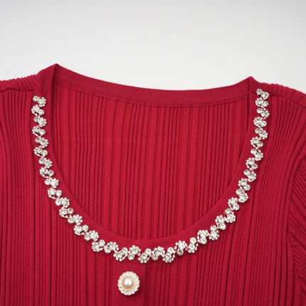 Mallory Red Crystal Embellished Midi Dress Scoop Neck Long Sleeves Front Buttons 87% Terylene 13% Cotton