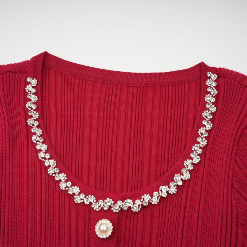Mallory Red Crystal Embellished Midi Dress Scoop Neck Long Sleeves Front Buttons 87% Terylene 13% Cotton