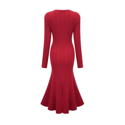 Mallory Red Crystal Embellished Midi Dress with Scoop Neck and Long Sleeves
