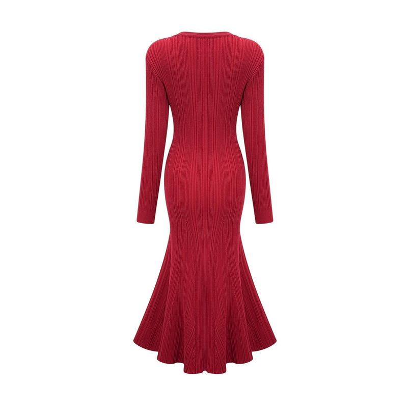 Mallory Red Crystal Embellished Midi Dress with Scoop Neck and Long Sleeves