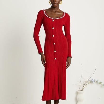 Mallory Red Crystal Embellished Midi Dress with Scoop Neck and Long Sleeves