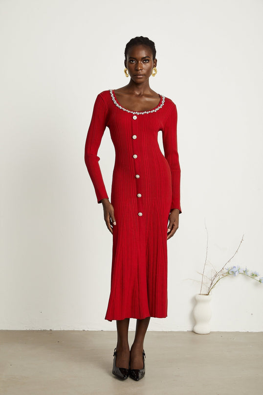 Mallory Red Crystal Embellished Midi Dress with Scoop Neck and Long Sleeves