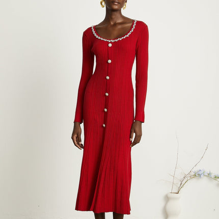 Mallory Red Crystal Embellished Midi Dress with Scoop Neck and Long Sleeves