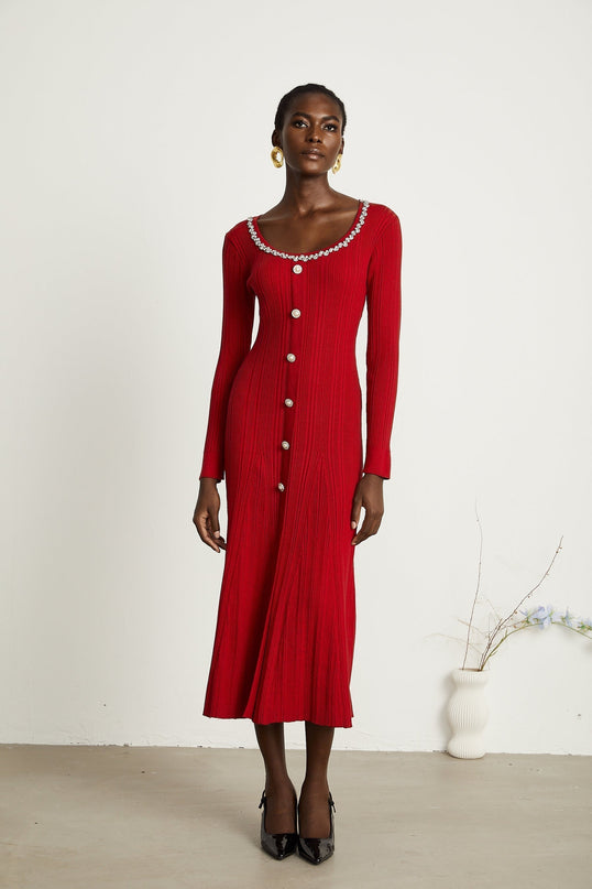 Mallory Red Crystal Embellished Midi Dress with Scoop Neck and Long Sleeves
