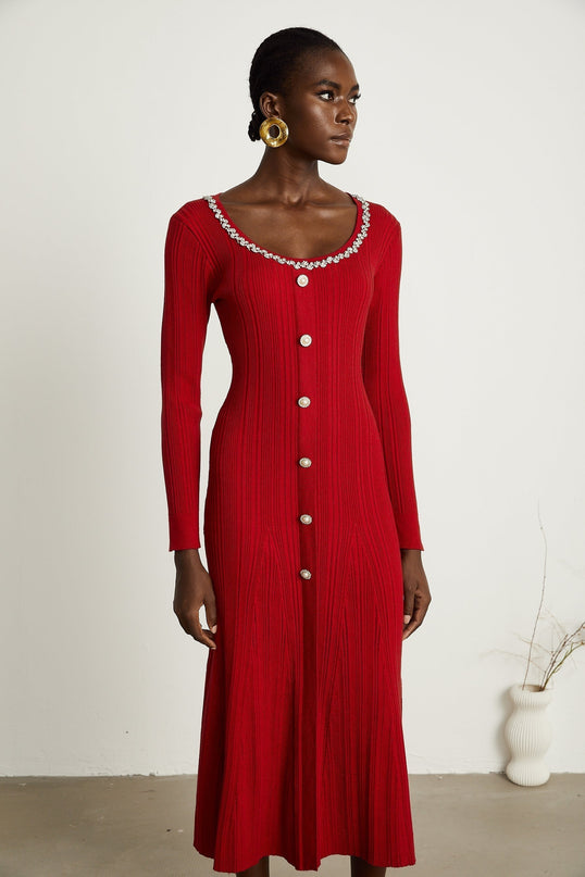 Mallory Red Crystal Embellished Midi Dress