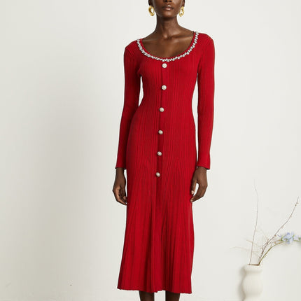 Mallory Red Crystal Embellished Midi Dress with Scoop Neck and Long Sleeves