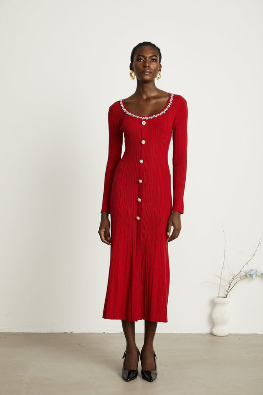 Mallory Red Crystal Embellished Midi Dress with Scoop Neck and Long Sleeves