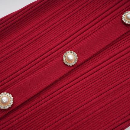 Mallory Red Crystal Embellished Midi Dress with Scoop Neck and Long Sleeves
