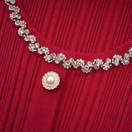 Mallory Red Crystal Embellished Midi Dress with Scoop Neck and Long Sleeves